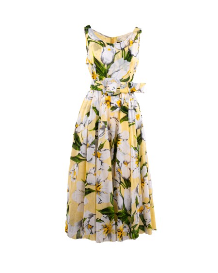 Shop SAMANTHA SUNG  Dress: Samantha Sung "Aster Emperor Tulip" dress.
Sleeveless.
Plunging neckline.
Zip closure on the back.
Belt at the waist.
Composition: 100% Cotton.
Made in South Korea.. ASTER EMPEROR TULIP -SOFT YELLOW 